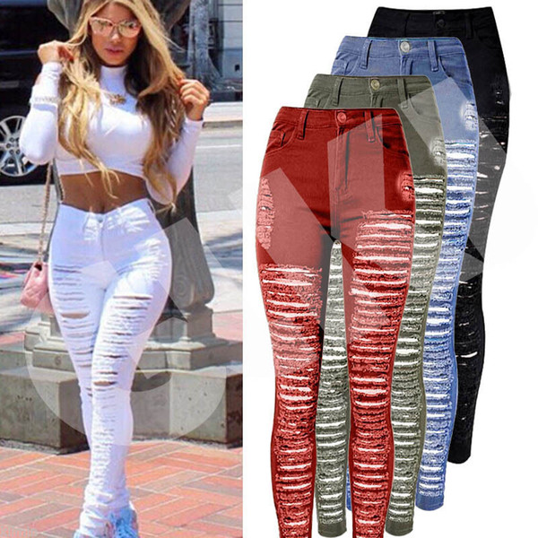 Sexy Women Destroyed Ripped Denim Jeans Skinny Hole Pants High Waist Stretch Jeans Slim Pencil Trousers Black White Blue