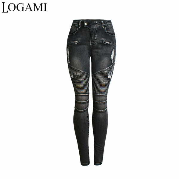 LOGAMI Skinny Jeans Woman 2018 Ripped Moto Biker Pencil Jeans Womens Denim Pants Black