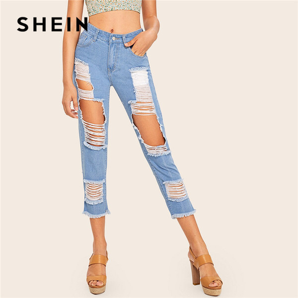 SHEIN Light Wash Destroyed Ripped Jeans Woman Spring Summer Casual Mid Waist Blue Jeans Cut Out Streetwear Ladies Denim Pants