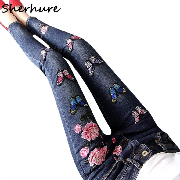 2018 Flower Buerfly Embroidery Jeans Women Pantalon Femme Plus Size Women Jeans Trousers Denim Pants Stretch Pencil