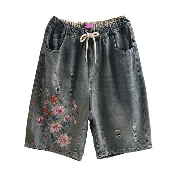 Women Elastic Waist Denim Pants Knee Length Capris Jeans Woman Floral Embroidery Trousers For Women Ladies Jean Femme