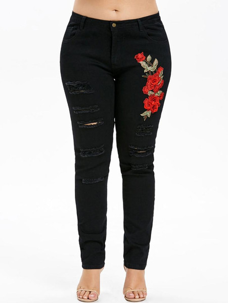 Kenancy Embroidery Frayed Women Jeans Appliques Mid Waist Skinny Pencil Pants Floral Print Plus Size L-5XL Black Femme Jeans New