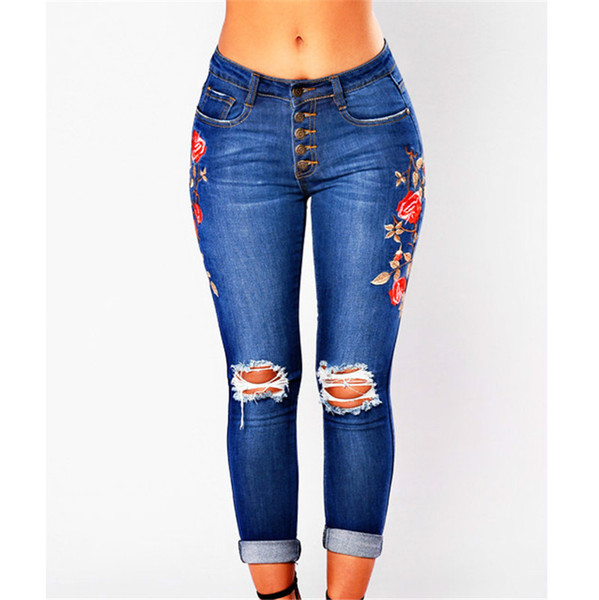 Ripped Jeans Women Jeans Pencil Pants Female Denim Pants Flower Embroidery Plus Size High Waist Jean Ladies Trouser