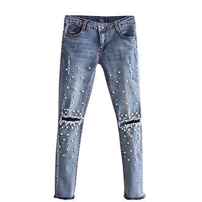 Women Fashion Destroyed Ripped Blue Jeans pearled Slim Denim Pants Boyfriend Jeans 2017 New Woman Trousers