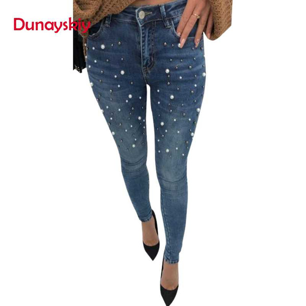 Dunayskiy Women Spring Autumn Black Blue Long Skinny Slim Denim Jeans Casual Pearl Embroidered Flares Pencil Pants Lady Trousers