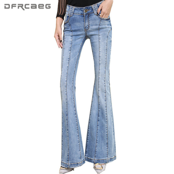 Blue Patchwork Elastic Flare Jeans Women 2017 Autumn European Fashion High Waist Denim Long Pants Mujer Slim Ripped Jeans