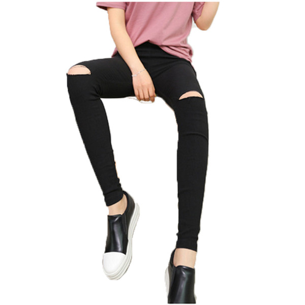 Skinny Jeans Women Denim Pants Summer Black Hole Ripped Pants Casual Stretch Trousers High Waist Destroyed Knee Pencil