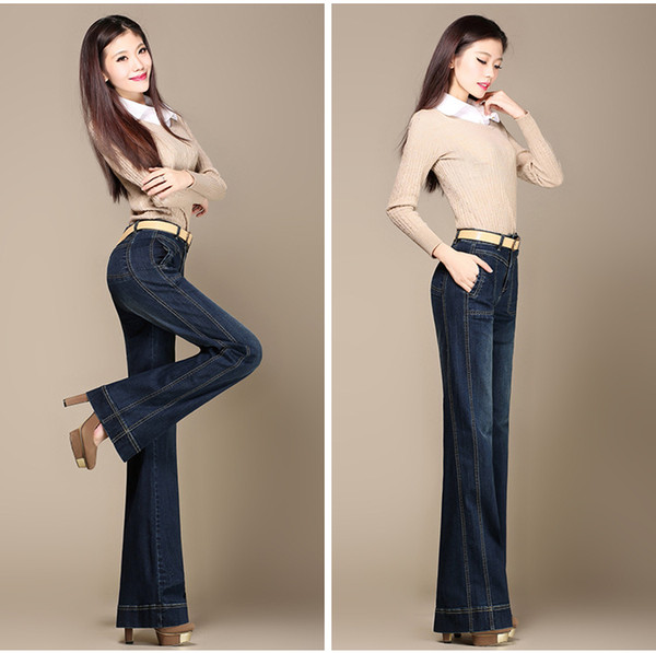Women blue vintage trumpet super flare jeans womens low rise stretch wide leg skinny jeans femme