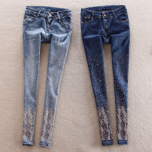 cotton women Rhinestone high waist denim pants feet pencil pants plus size Pencil Long Dark Blue Jeans With Rhinestone