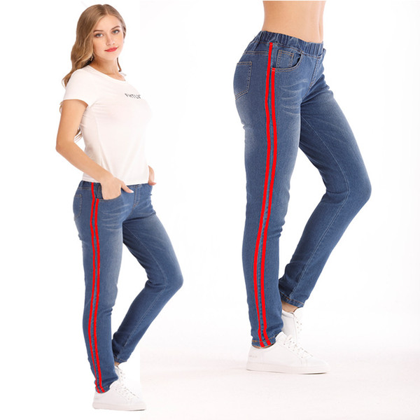 Women High Elastic Skinny Jeans 2019 Spring Summer Casual High Waist Washed Stripe Denim Pencil Pants Plus Size