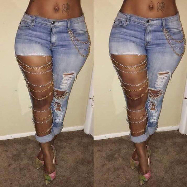 Wholesale- Fashion Women Lady Pants Jeans Hole Destroyed Ripped Distressed Chain Denim Pants Boyfriend Jeans