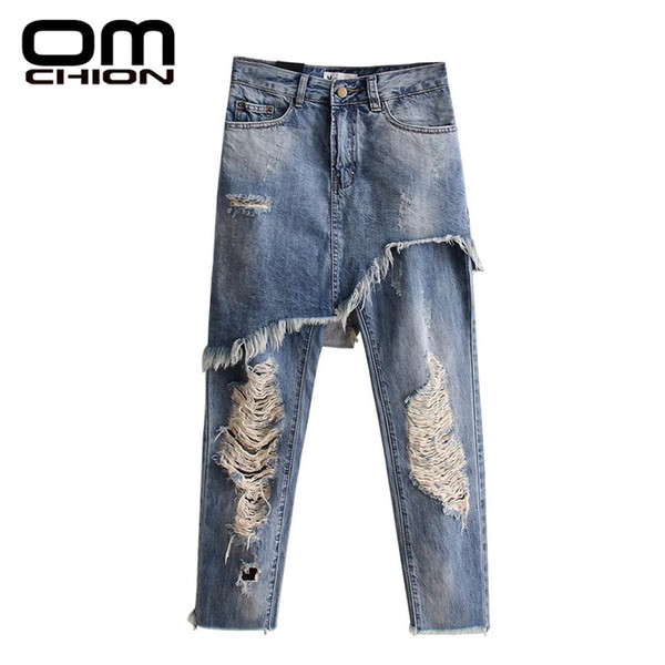 Wholesale- OMCHION New 2017 Spring Women Hole Washed Jeans Fake Two Pieces Denim Pants Slim Solid Scratched Irregular Trouses QNZ17