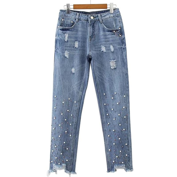 2018 New Spring Colorful Nail Bead Burr Hole Jeans Trousers Fashion Casual Denim Jeans