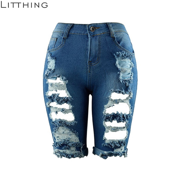 LITTHING Women Summer Half Length Jeans High Waist Ripped Hole Stretch Slim Torn Woman New Fashion Streetwear Denim Shorts