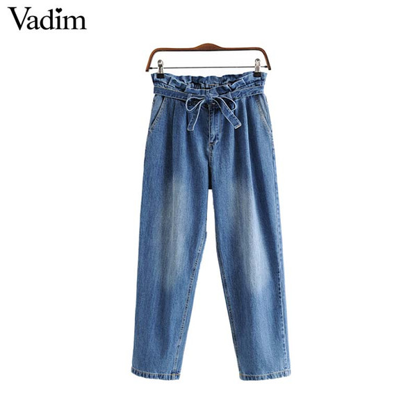 Vadim women casual jeans pockets bow tie sashes high waist female ankle length denim trousers pantalones mujer KA896