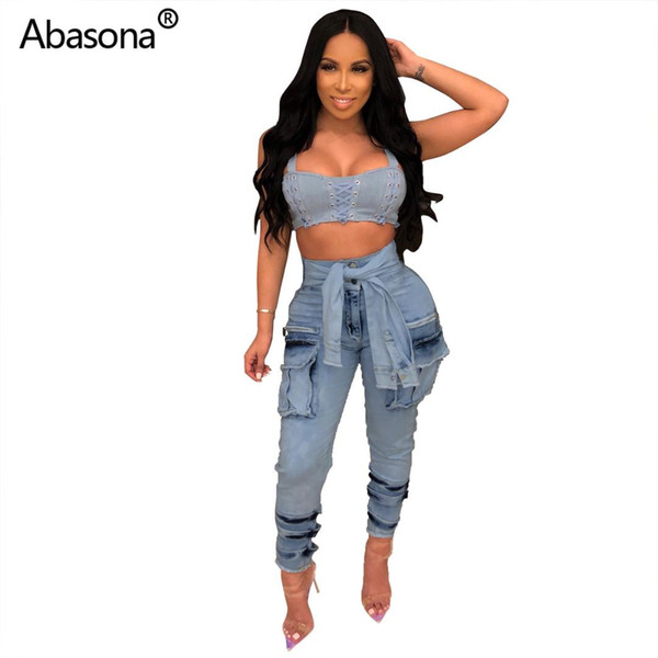 2019 Women Summer Tie Up High Waist with Pocket Pencil Long Jeans Vintage Fashion Denim Pencil Pants Classic Beach Trousers