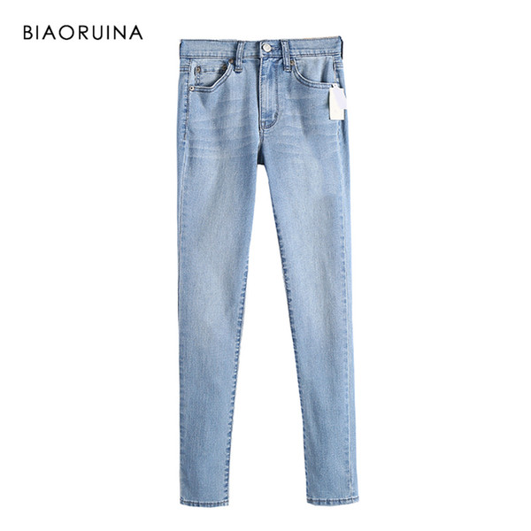 BIAORUINA Women Blue Fashion Washing Bleached Denim Jeans Female Casual Pencil Jeans Women's High Waist Stretching