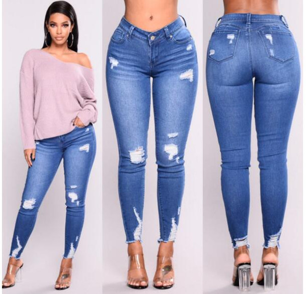 Womens Jeans Skinny Long Pencil Pants Slim High Waist Elastic Denim Pants Hole Leggings Female Cotton Jeans Women