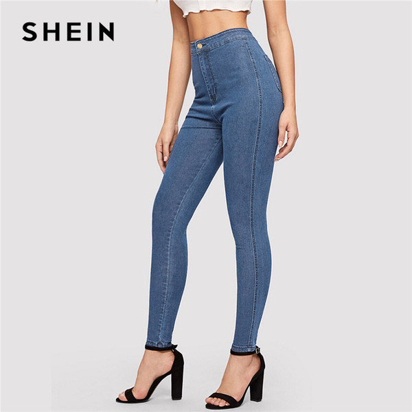 SHEIN Solid Skinny Jeans 2019 Spring Autumn Skinny Stretchy Jeans Blue Navy Woman Solid High Waist Denim Long Trousers