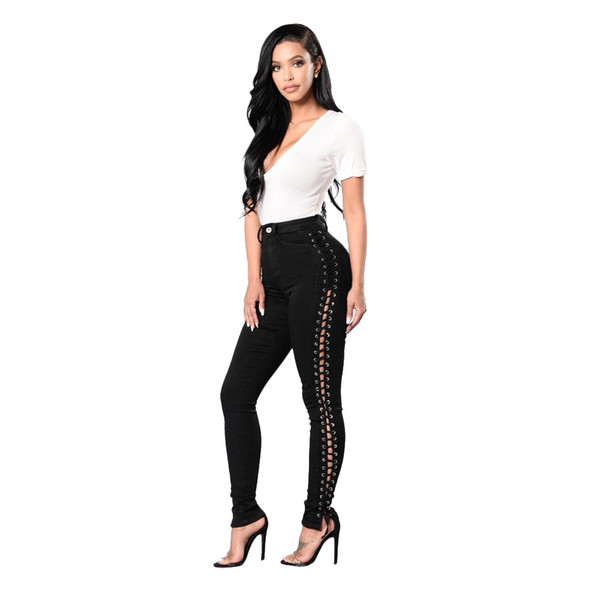 Women Side Hollow Jeans Lace up Pants Tight Sexy Cross Bandage Pants Pencil Trousers Skinny Jeans Plus Size Black 2018