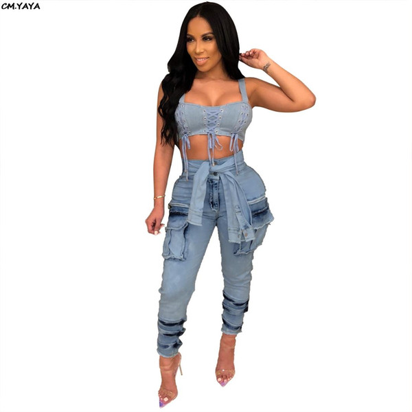 2019 new women summer tie up high waist with pocket pencil long jeans vintage fashion denim pants classic beach trousers Q255