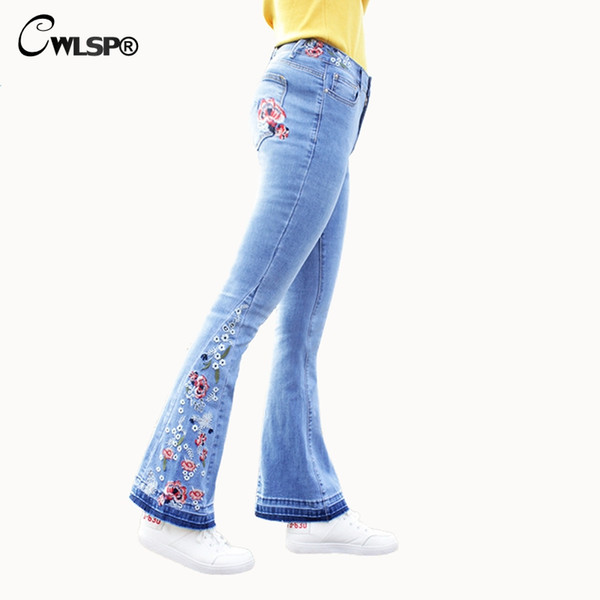 CWLSP Plus size Jeans Woman Flare Pants Embroidery Floral jeans for women 2018 Mid Waist Casual Vintage Denim Pants femme QL3539