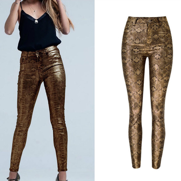 Women Snake Print Pants Women High Waist Push Up Skinny Jeans Femme Streetwear Animal Pattern Patchwork Vintage Golden Leggings