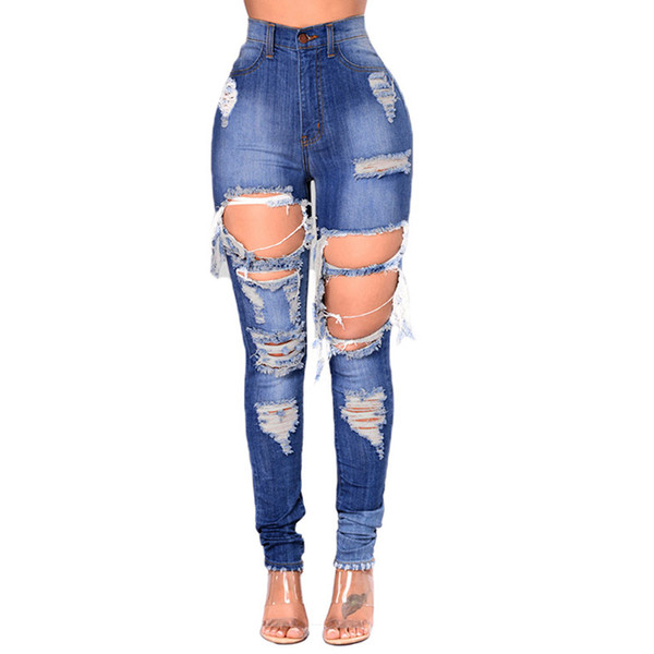 2018 new style hole tight height waist elastic do old size increase slim jeans small feet pencil trousers women's jeans fashion