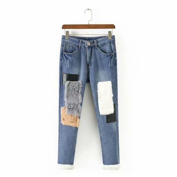 High Waist Jeans Women's Fashion Rabbit Fur Patchwork Velvet Denim Pants Fall Winter Straight Denim Pants Ladies Casual Trousers