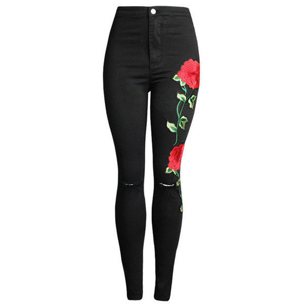 High Waist Jeans Women 2017 Spring Floral Embroidery Denim Pencil Pants Casual Black Elastic Femme Jeans Ripped Woman