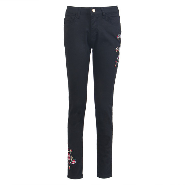 New Fashion Women Embroidered Floral Denim Skinny Jeans High Waist Stretch Black Slimming Women Pencil Jeans