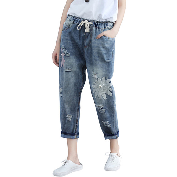 Vintage Women Jeans 2019 Spring Summer New Denim High Waist Elastic Harem Pants Loose Casual broken plus size Female Jeans 4XL