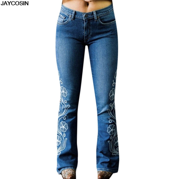 JAYCOSIN long jeans SUMMER Women High Waist Zipper Jeans Button Strap Pants Trousers Bell-bottom Pants Bell-bottom hot sale 9515