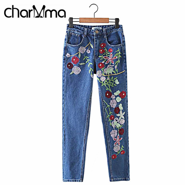 Wholesale- charMma 2017 BF Women Denim Jeans Vintage Flower Embroidery Pant Capris High Waist Femme Slim Ladies Straight Pants Jean Bottoms