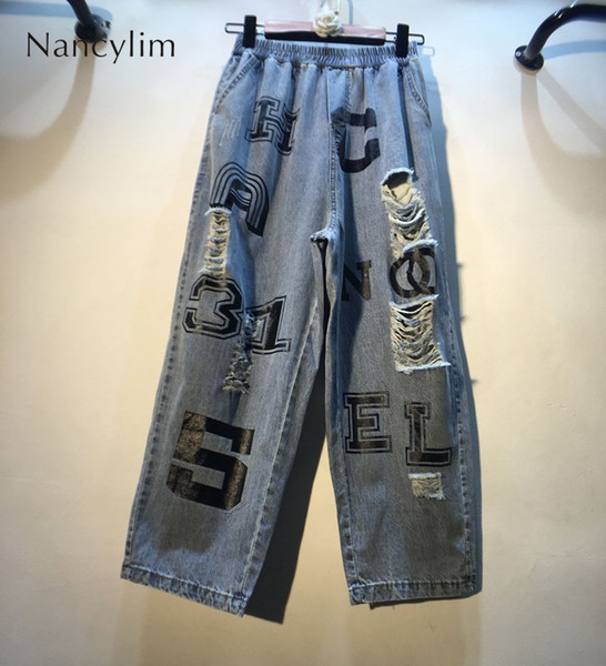 Street Jeans Trousers Girls 2019 New European Printed Alphabetical Number Wash Hole Wide Leg Straight Tube Jeans Women's Pants