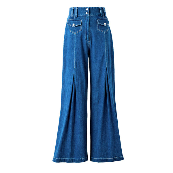 Pocket denim flare pants wide leg pants spring high waist jeans women ladies plus size streetwear