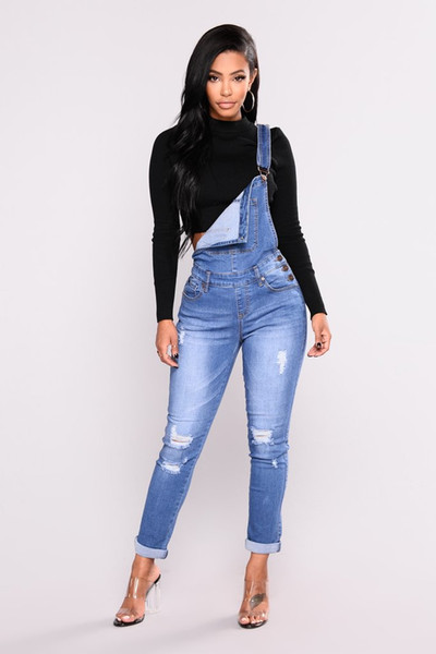 Women Ripped Denim Jeans Womens Hole Long Overalls Slim Jeans Dungarees High Waist Pencil Stretch Pants Plus Size Zipper Jeans