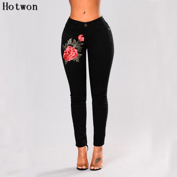 2017 Black Stretch Embroidered Jeans For Women Elastic Flower Jeans Female Pencil Denim Pants Rose Pattern Pantalon Femme