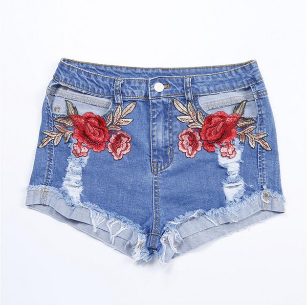 Hot sale Breaking the hot summer women's new flowers embroidered holes washed denim shorts JW007 Women's Jeans