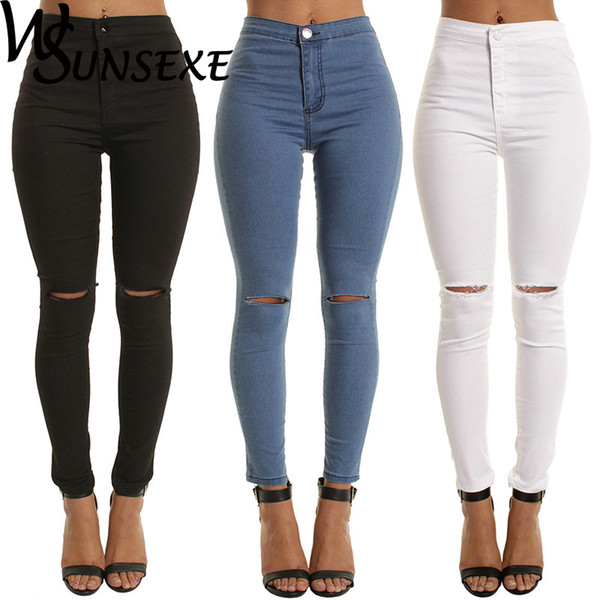 Summer Style White Hole Skinny Ripped Jeans Women Jeggings Cool Denim High Waist Pants Capris Female Skinny Black Casual Jeans