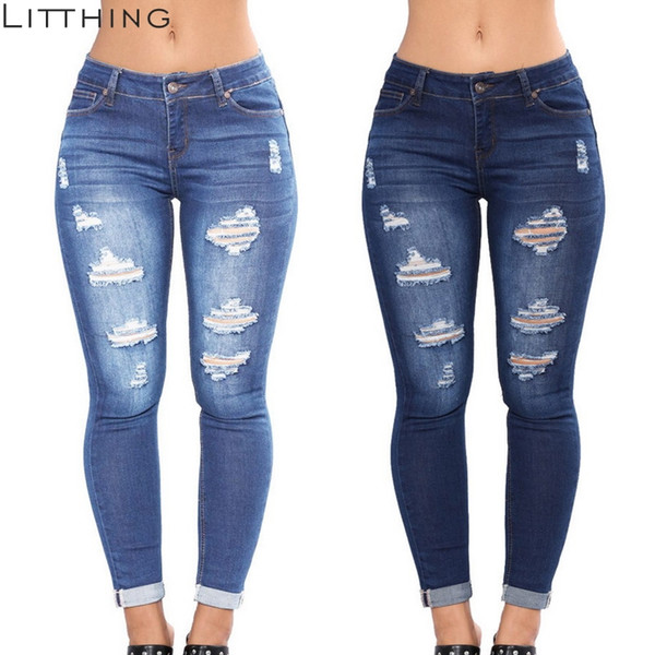 LITTHING New Arrival Womens High Waist Casual Denim Pockets Button Ripped Zipper Jeans Cotton Fly Skinny Pencil Full Jeans