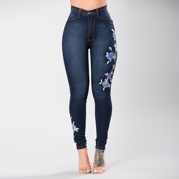 Stretch Embroidered Jeans For Women Elastic Blue Flower Jeans Female Pencil Denim Pants Rose Pattern Pantalon Femme