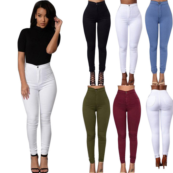 Wholesale- 2017 Pencil Jeans for Women Solid Stretchy Casual Denim Sexy Skinny Jeans High Waist Pencil Pants Plus Size Trousers 5 Colors