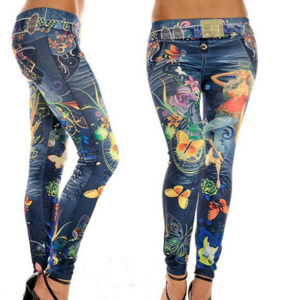 Wholesale- Fashion Leggings Jeans for Women Flower Butterfly Print Ankle-length Thin Mid Waist Elastic