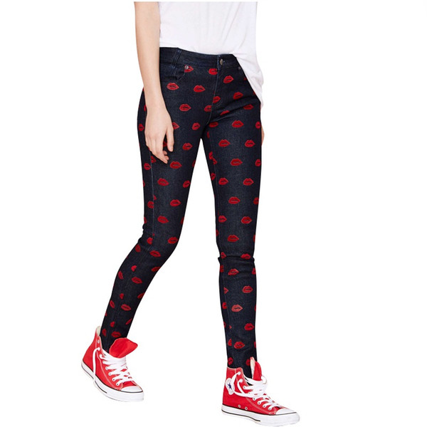 Wholesale- 2016 new spring Korean version red lips patchwork female denim feet pencil pants women skinny jeans trousers free shipping Y49D