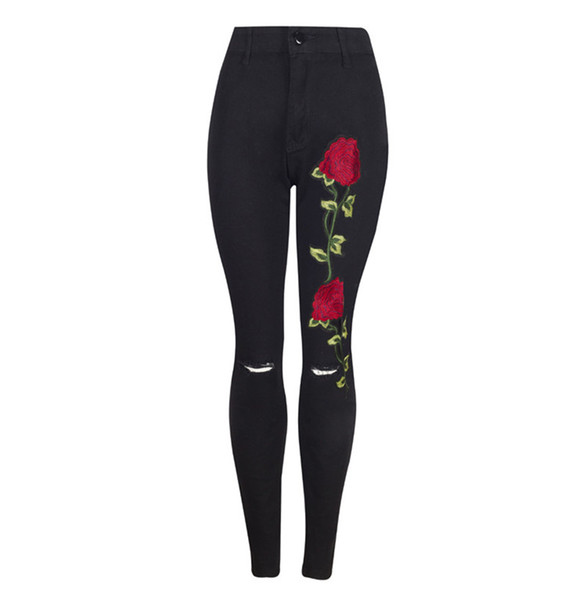 Women Denim Skinny Pant High Waist Stretch Jeans Slim Flower Embroidery Pencil Trouser Casual Hole Long Pants Elastic Jeans