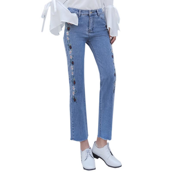 Embroidery Flower Denim Pants 2018 Fashion High Waist Denim Pants Boyfriend Straight Jeans Trousers Vintage Raw Ripped Hem