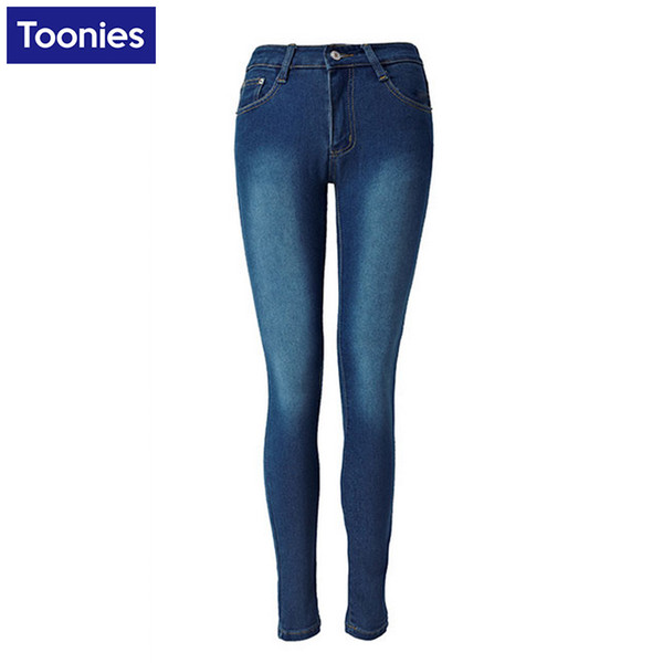 Wholesale- Toonies Solid Blue Pencil Pants Skinny Jeans Women Blue Stretch Pants Denim Full Length Trousers Fashion Plus Size 2016 Jean