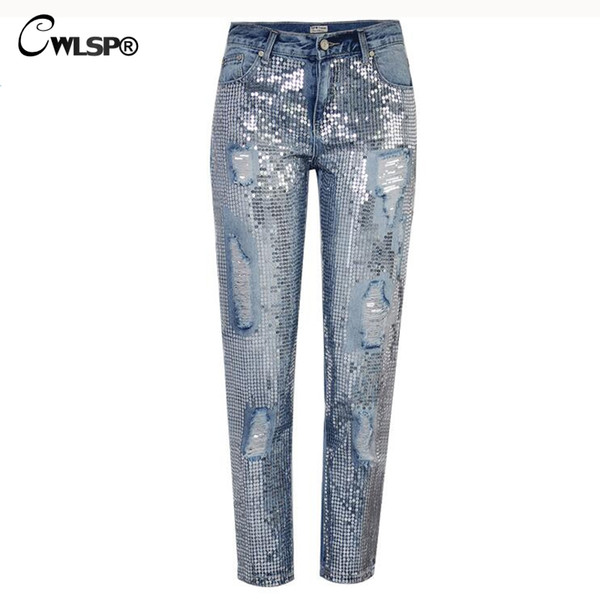 CWLSP Plus size Bling Sequined Low Waist Jeans Woman Holes Jeans Ankle-Length Blue Pants boyfriend Trousers for Women QL3541