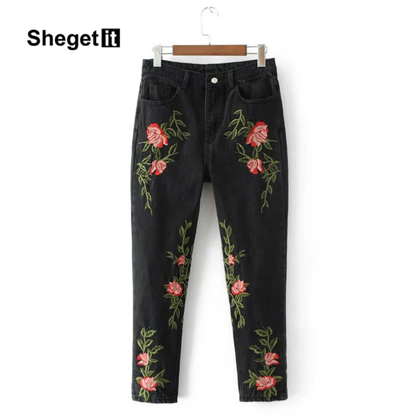 Shegetit High Waist Vintage Floral Embroidery Jeans Women Jeans Long Denim Pants Women Pockets Casual Brand Streetwear Trousers